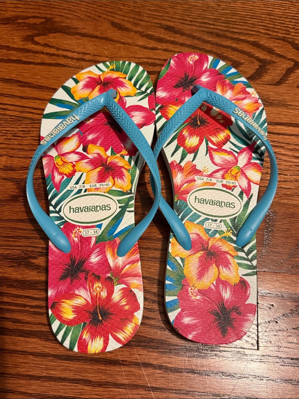 Havaianas Tropical Floral Flip Flops with Blue Straps